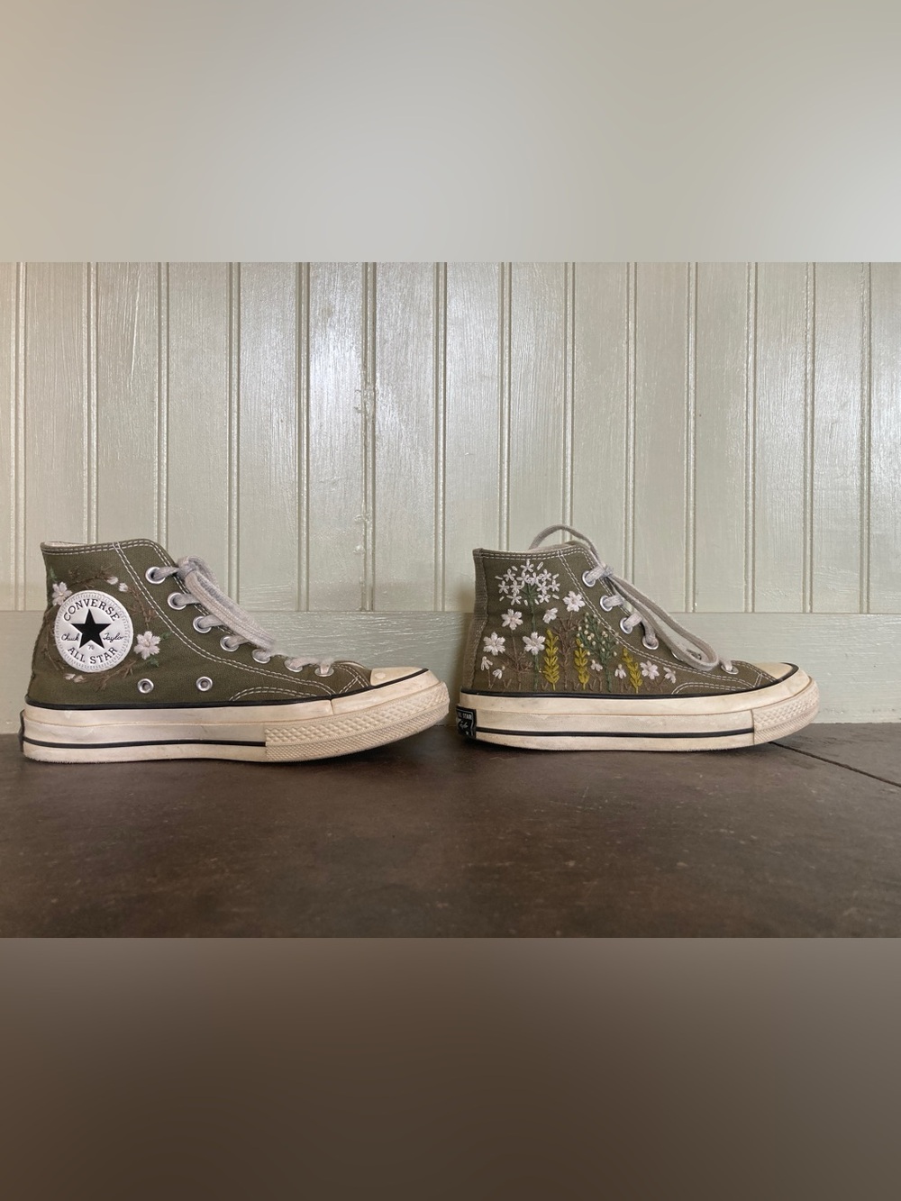 Converse Olive Green Floral Embroidered High-Top Sneakers - Picture 6 of 7